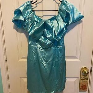 Turquoise Satin Ruffle Dress